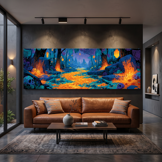 Dia de los Muertos Panoramic Canvas Print, Mystical Blue & Orange Forest Wall Decor