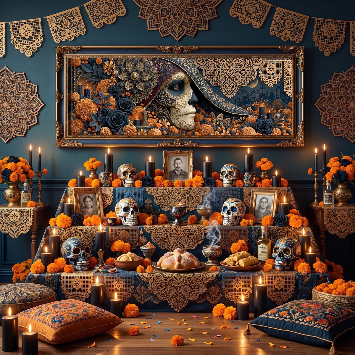 Gold Navy Sugar Skull Woman Marigold Panoramic Canvas Print, Luxury Day of the Dead Lace Wall Art, Gothic Floral Decor