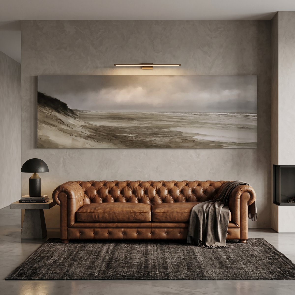 Moody Coastal Beach Panoramic Canvas Print, Gray Stormy Seascape Wall Art