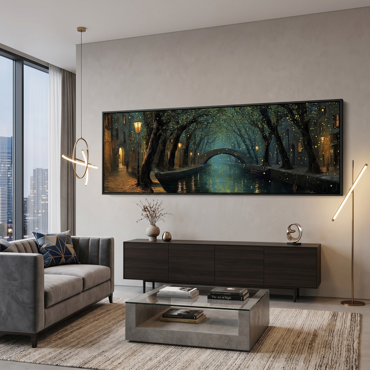 Magical Night Canal Bridge Panoramic Canvas Print, Fairy Lights Tree Tunnel Wall Art