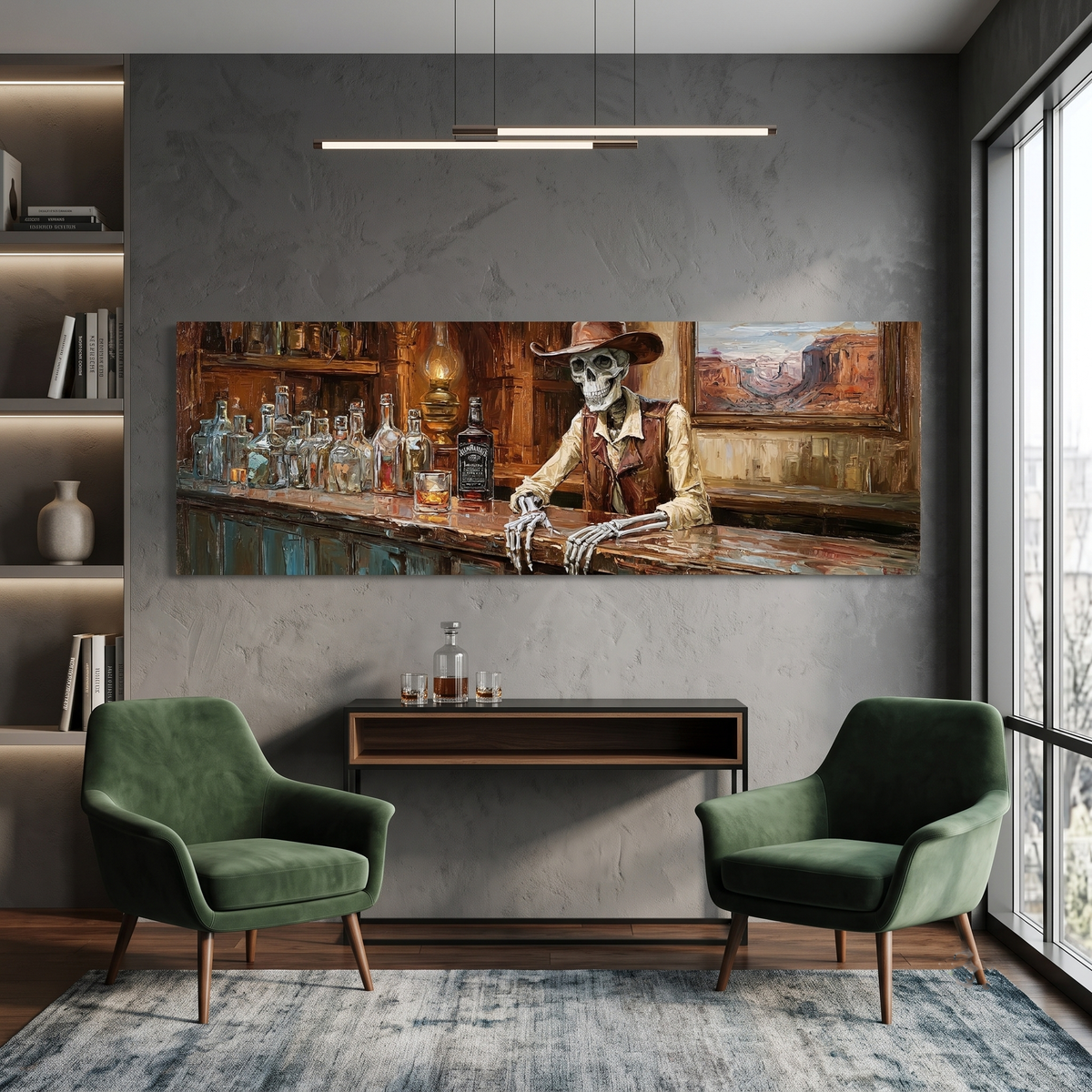 Cowboy Skeleton Saloon Bar Panoramic Canvas Print, Western Skull Whiskey Wall Art, Extra Large Rustic Man Cave Decor