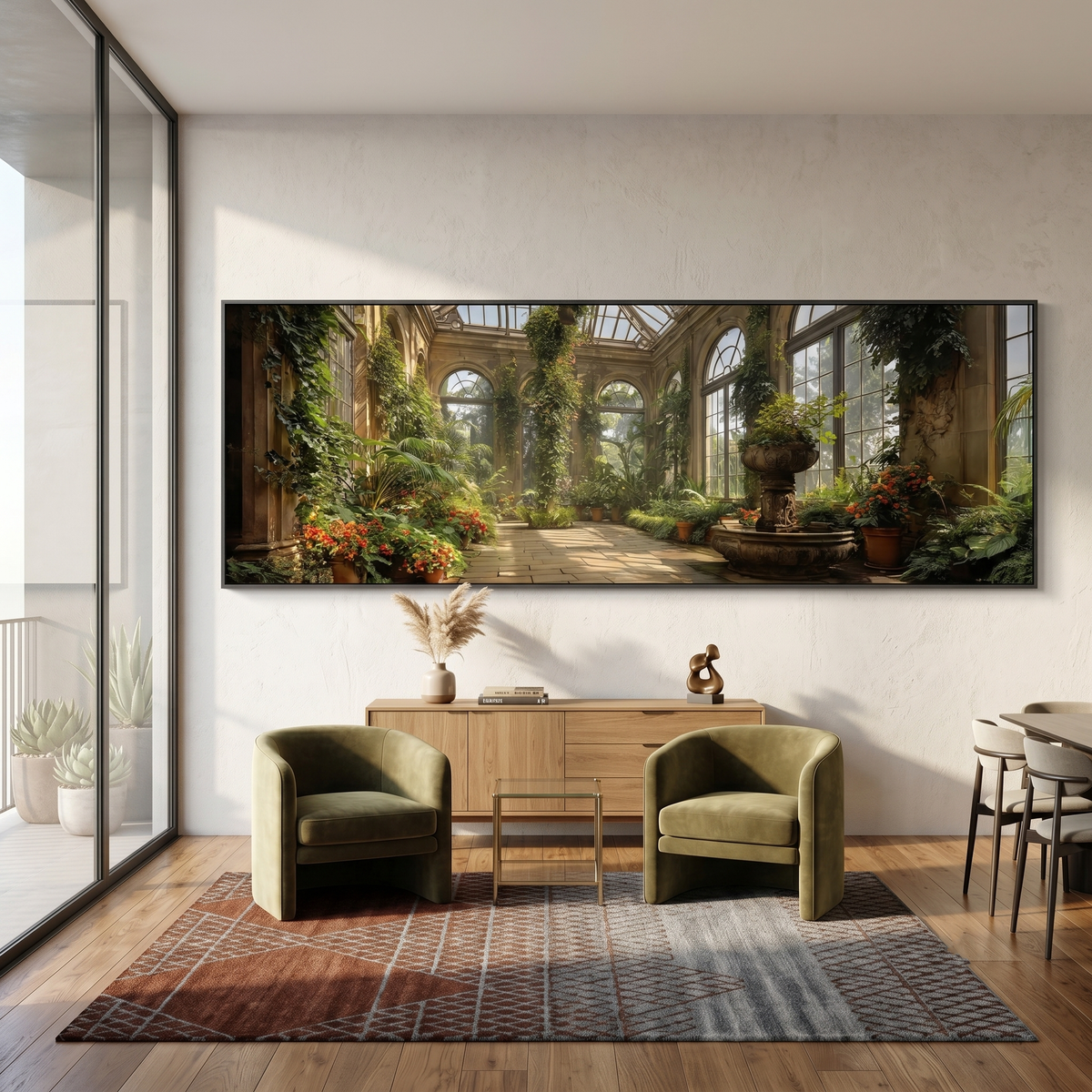 Victorian Conservatory Garden Panoramic Canvas Print, Sunlit Greenhouse Wall Art