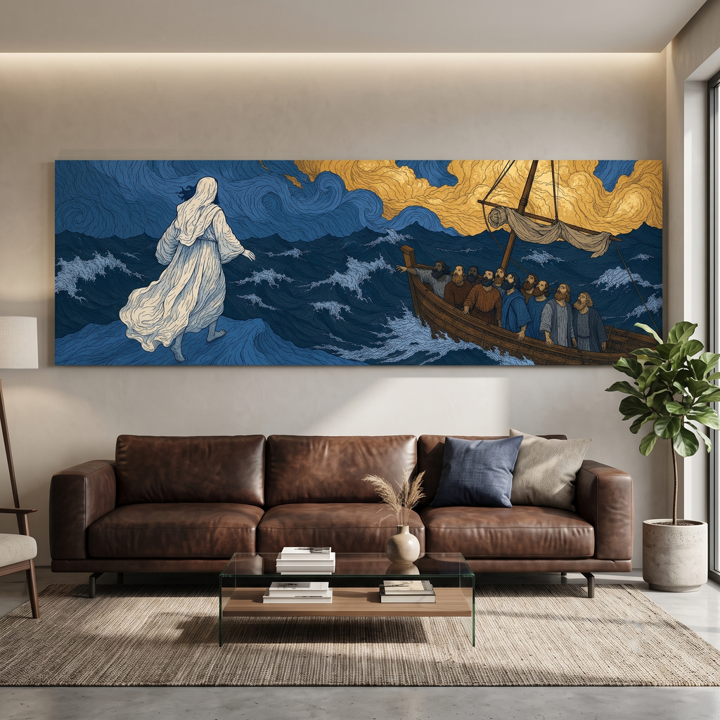 Biblical Jesus Walking Water Swirling Sea Panoramic Canvas Print, Van Gogh Style Blue Gold Wall Art, Redeemer Christian Heavenly Decor, P272