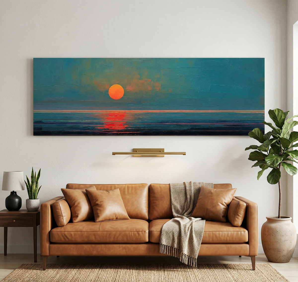 Modern Sunset Panoramic Canvas Print, Minimalist Coastal Wall Decor for Living Room