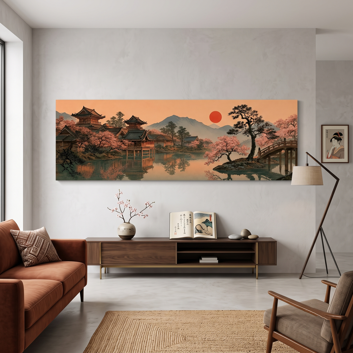 Japanese Garden Temple Panoramic Canvas Print, Cherry Blossom Red Sun Wall Art