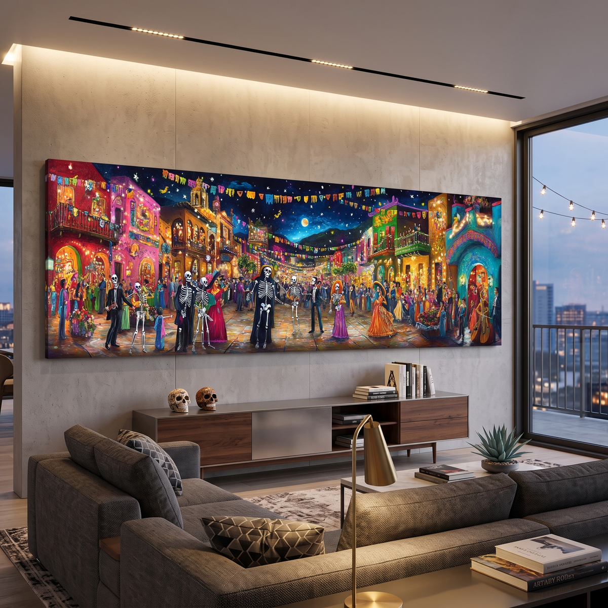 Day of the Dead Night Festival Panoramic Canvas Print, Dia de los Muertos Village Street Party Wall Art