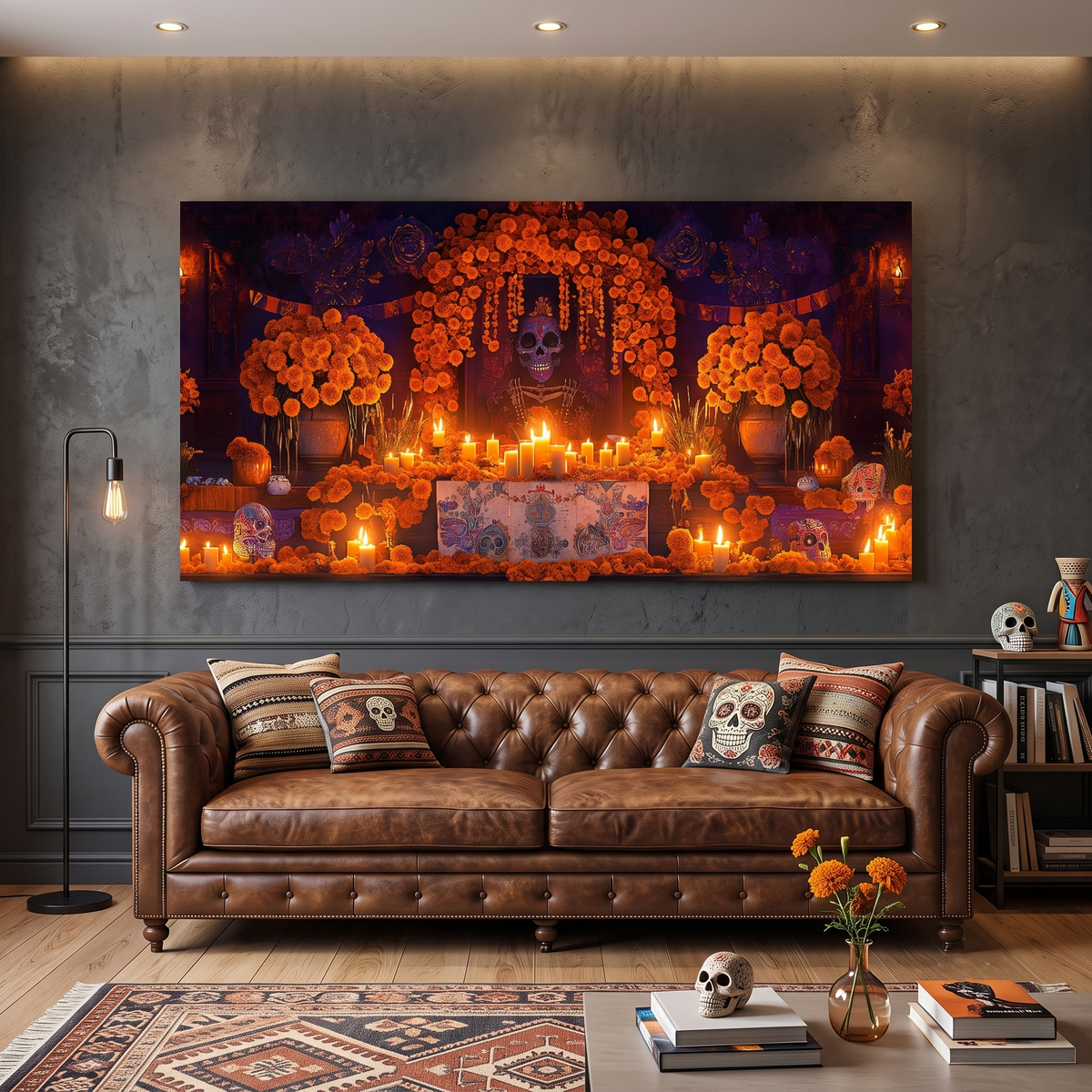 Day of the Dead Altar Panoramic Canvas Print, Dia de los Muertos Wall Art, Mexican Ofrenda Decor