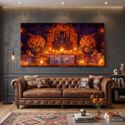 Day of the Dead Altar Panoramic Canvas Print, Dia de los Muertos Wall Art, Mexican Ofrenda Decor