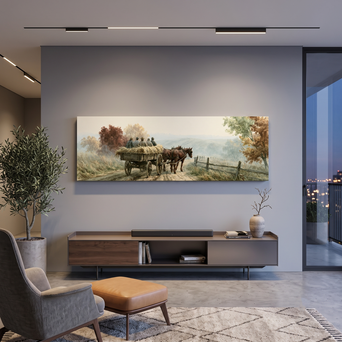Vintage Horse Wagon Countryside Panoramic Canvas Print, Autumn Landscape Rustic Farmhouse Wall Art, Country Home Art Decor