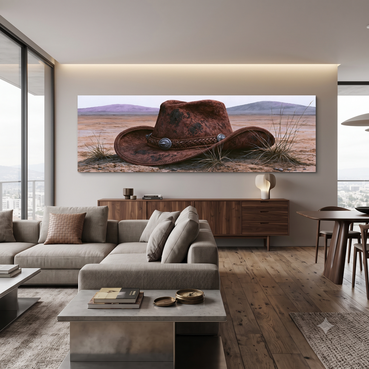 Vintage Cowboy Hat and Desert Landscape Panoramic Canvas Print, Southwest Western Wall Art, Country Living Room Decor