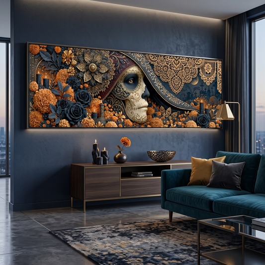 Gold Navy Sugar Skull Woman Marigold Panoramic Canvas Print, Luxury Day of the Dead Lace Wall Art, Gothic Floral Decor