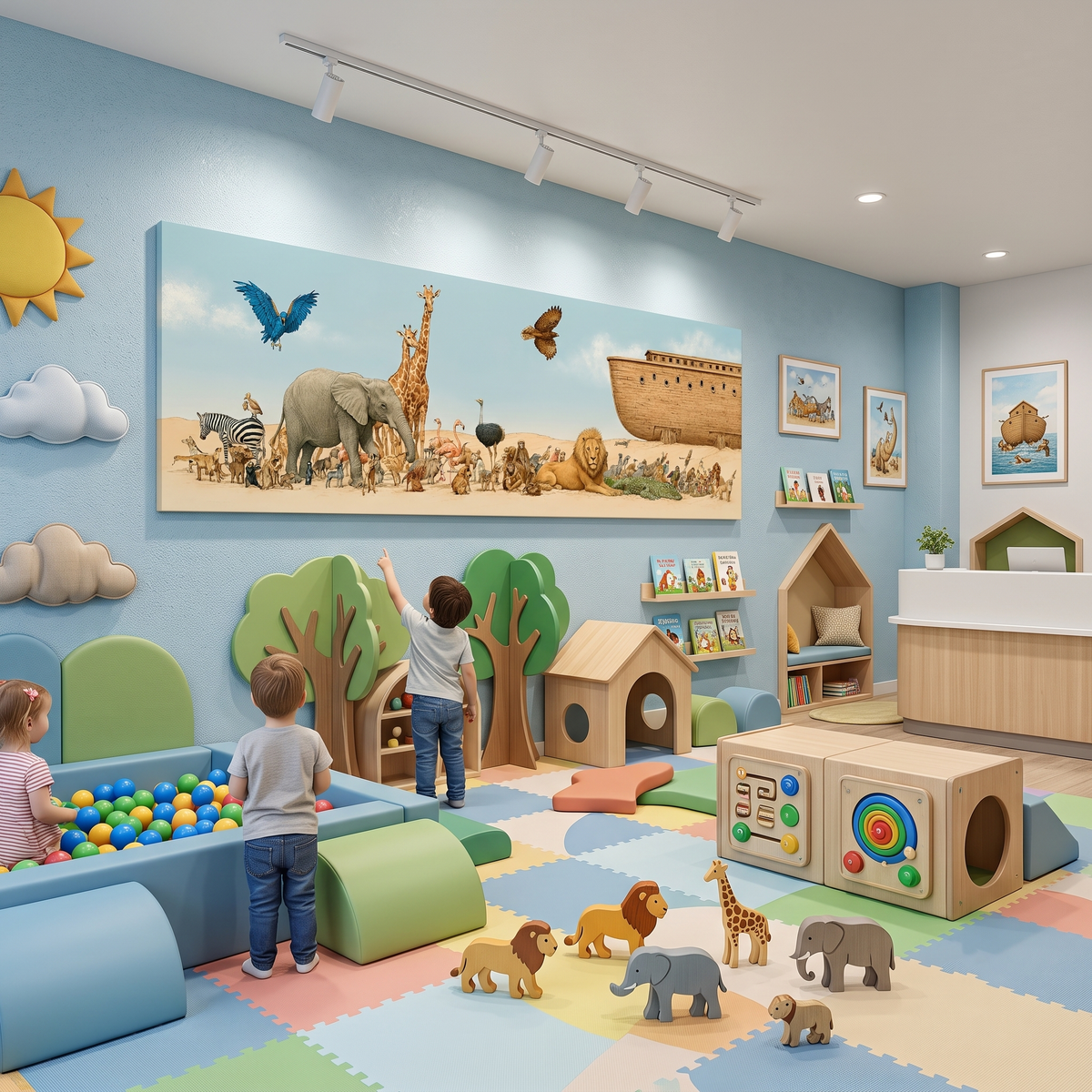 Whimsical Noah's Ark Wildlife Panoramic Canvas Print, Biblical Wildlife Wall Art, Extra Large Kids Nursery Decor