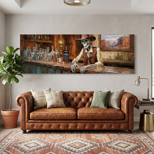Cowboy Skeleton Saloon Bar Panoramic Canvas Print, Western Skull Whiskey Wall Art, Extra Large Rustic Man Cave Decor