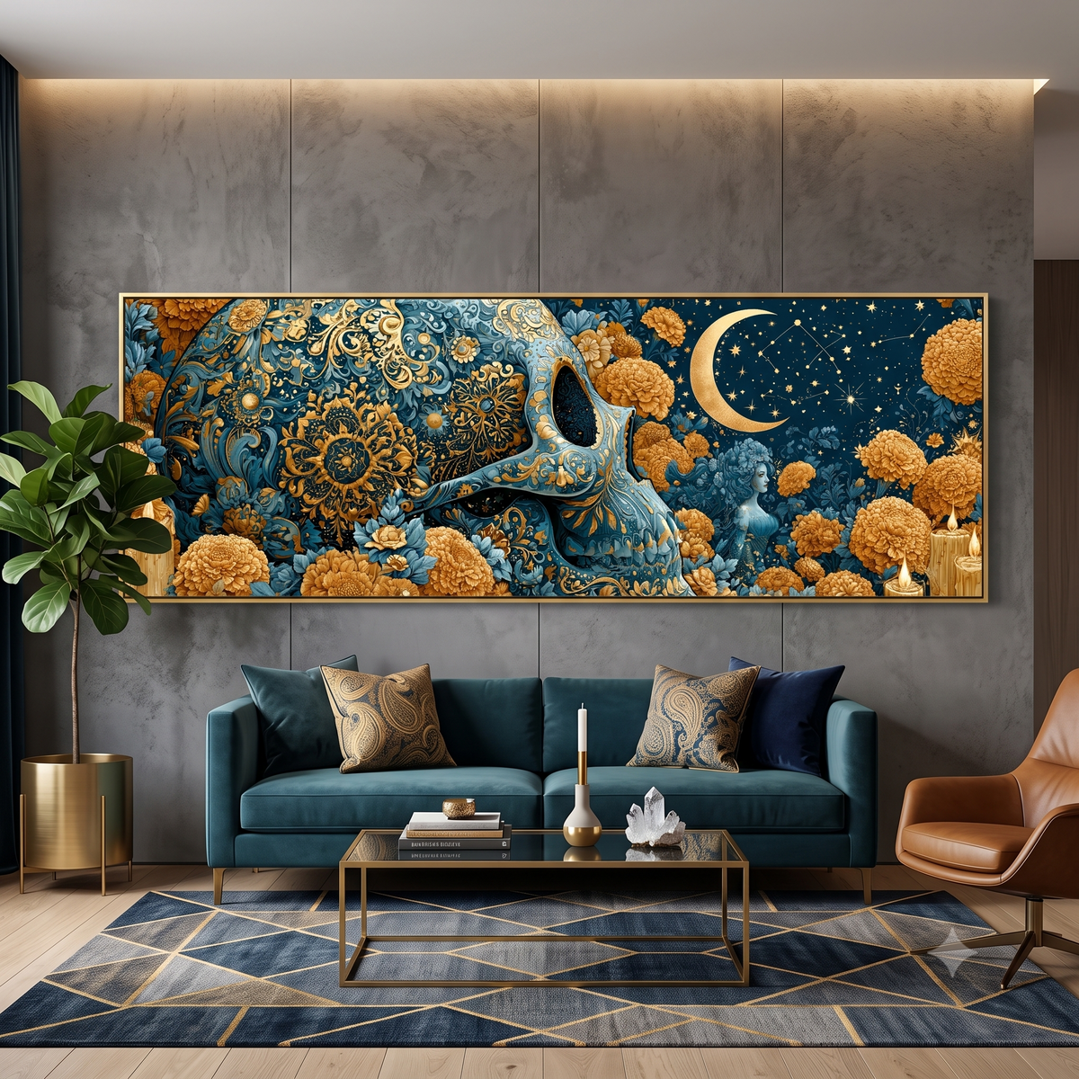 Sugar Skull Gold Teal Marigold Panoramic Canvas Print, Day of the Dead Celestial Wall Art, Horizontal Gothic Wall Decor
