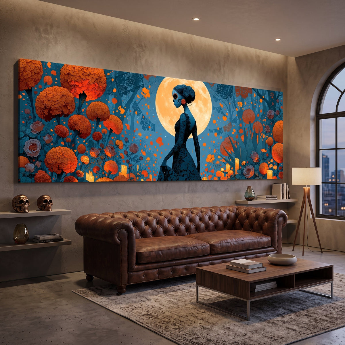 Day of the Dead Woman Marigold Moon Panoramic Canvas Print, Dia de Muertos Teal Wall Art, Moody Halloween Decor