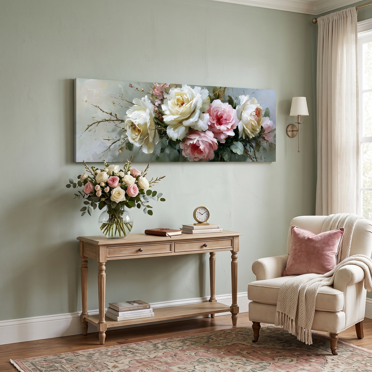 Elegant Peony Rose Bouquet Panoramic Canvas Print, Soft Pink White Floral Wall Art, Romantic Elegant Home Decor