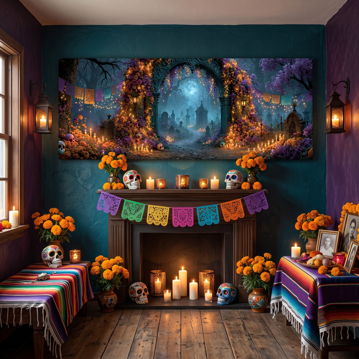 Dia de Muertos Cemetery Arch Marigold Panoramic Canvas Print, Day of the Dead Purple Moon Wall Art, Celestial Moonlit Graveyard Decor