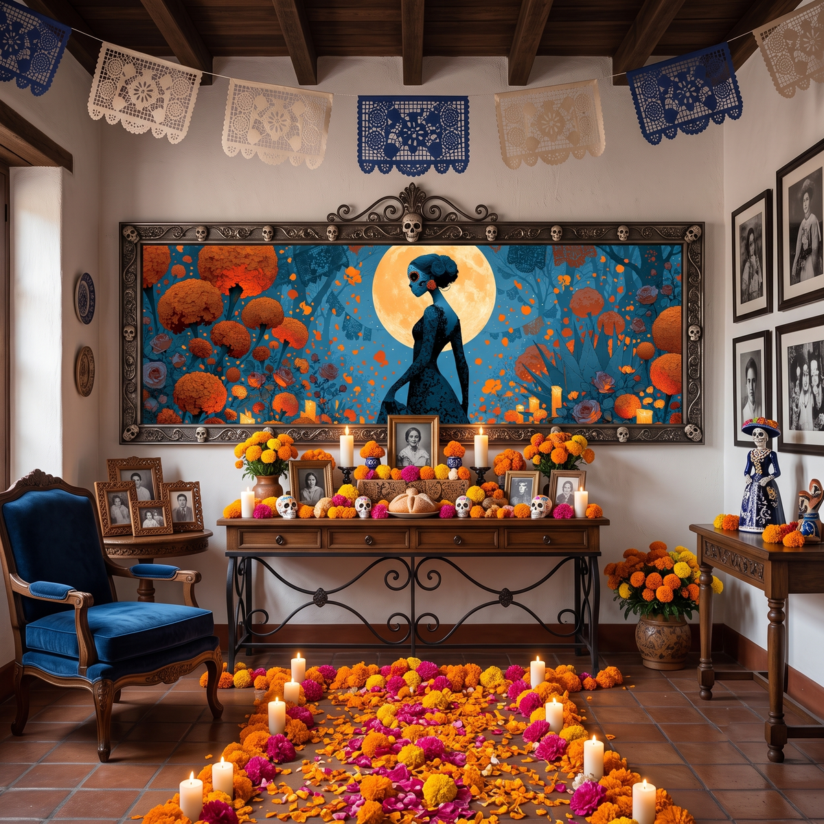 Day of the Dead Woman Marigold Moon Panoramic Canvas Print, Dia de Muertos Teal Wall Art, Moody Halloween Decor