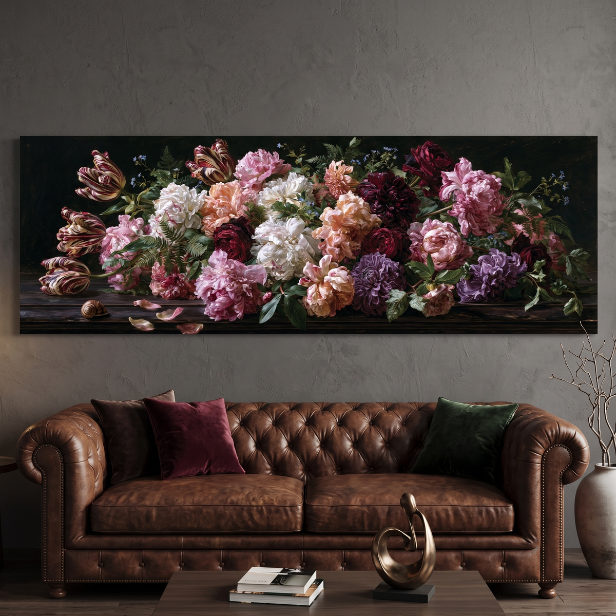 Dark Floral Panoramic Canvas Print, Peony & Tulip Botanical Wall Art, Extra Large Horizontal Decor