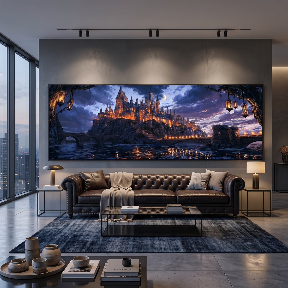 Enchanted Wizard Castle Night Panoramic Canvas Print, Fantasy Magic School Moonlit Wall Art, Dark Academia Fantasy Castle Decor