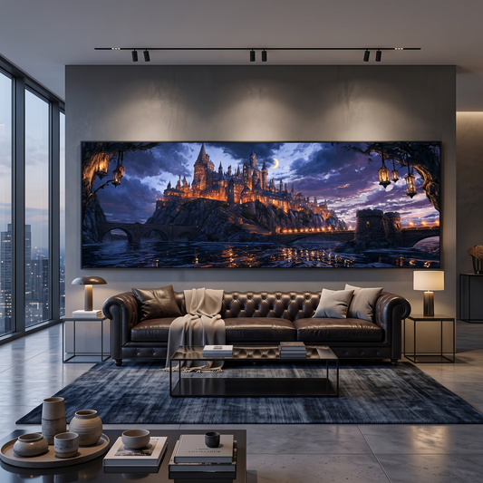 Enchanted Wizard Castle Night Panoramic Canvas Print, Fantasy Magic School Moonlit Wall Art, Dark Academia Fantasy Castle Decor