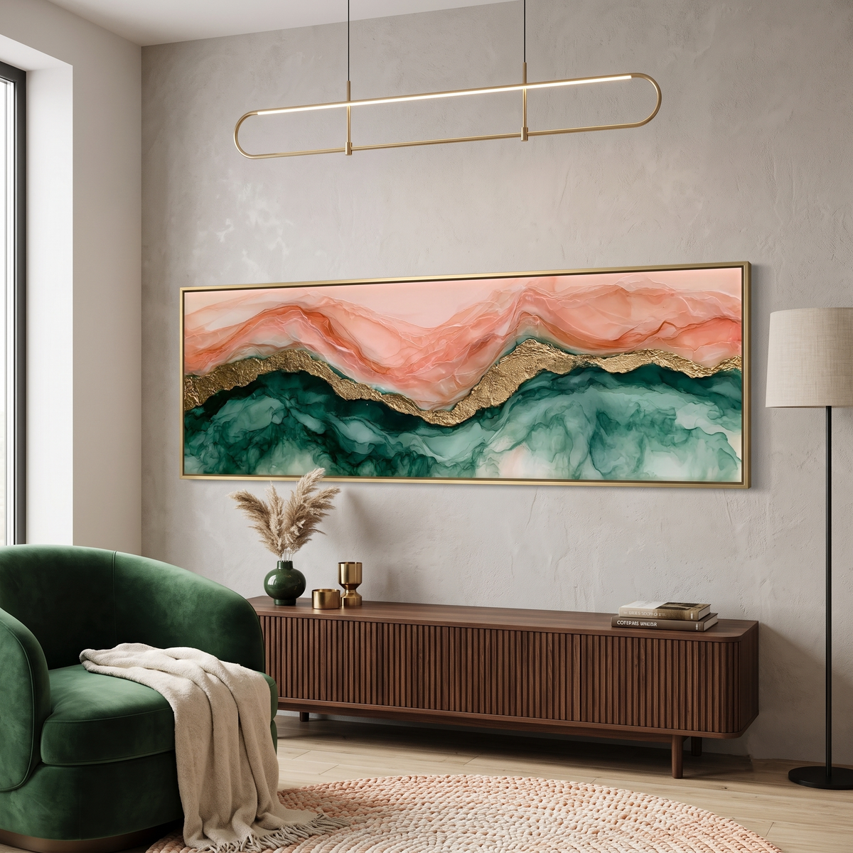 Blush Pink Gold Marble Fluid Panoramic Canvas Print, Abstract Alcohol Ink Emerald Green Mountain Wall Art, Luxury Wall Decor