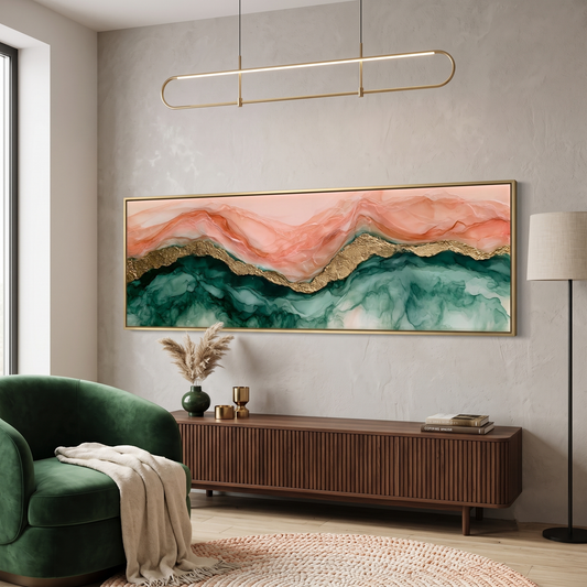 Blush Pink Gold Marble Fluid Panoramic Canvas Print, Abstract Alcohol Ink Emerald Green Mountain Wall Art, Luxury Wall Decor
