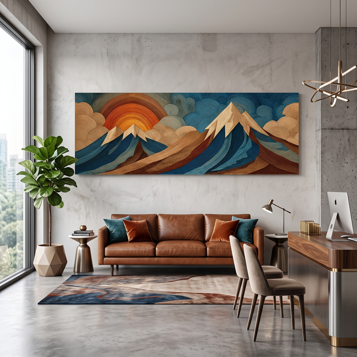 Boho Layered Mountain and Sunrise Panoramic Canvas Print, Wood Engraving Style Teal Orange Wall Art, Modern Above Sofa Art Decor