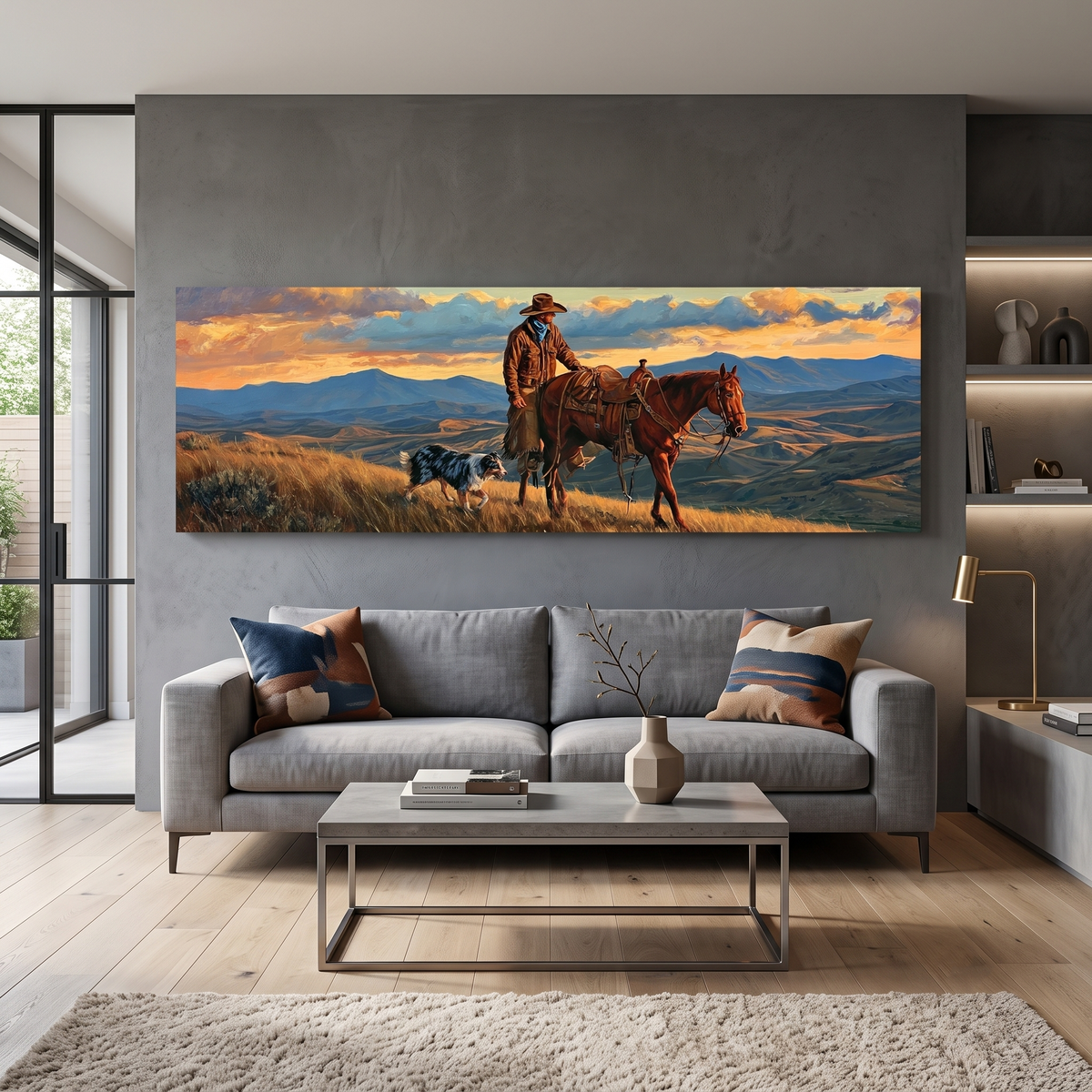Western Cowboy Horse Dog Sunset Panoramic Canvas Print, Mountain Ranch Panoramic Wall Art, Rustic Country Ranch Decor