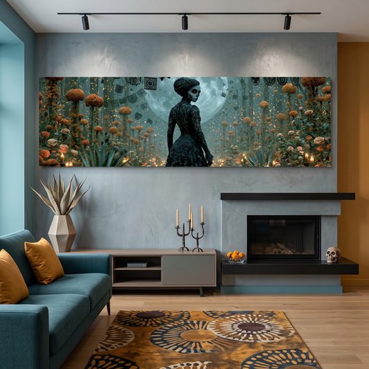 Day of the Dead Woman Moonlight Panoramic Canvas Print, Dia de Muertos Wall Art, Mexican Folk Art Decor