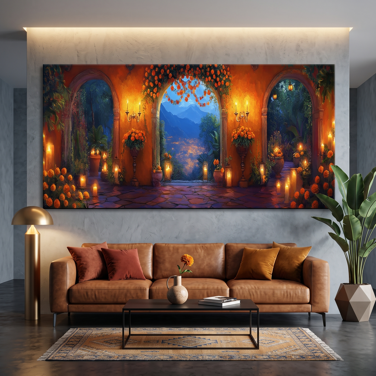 Mexican Courtyard Twilight Panoramic Canvas Print, Marigold Archway Sunset Landscape Wall Art