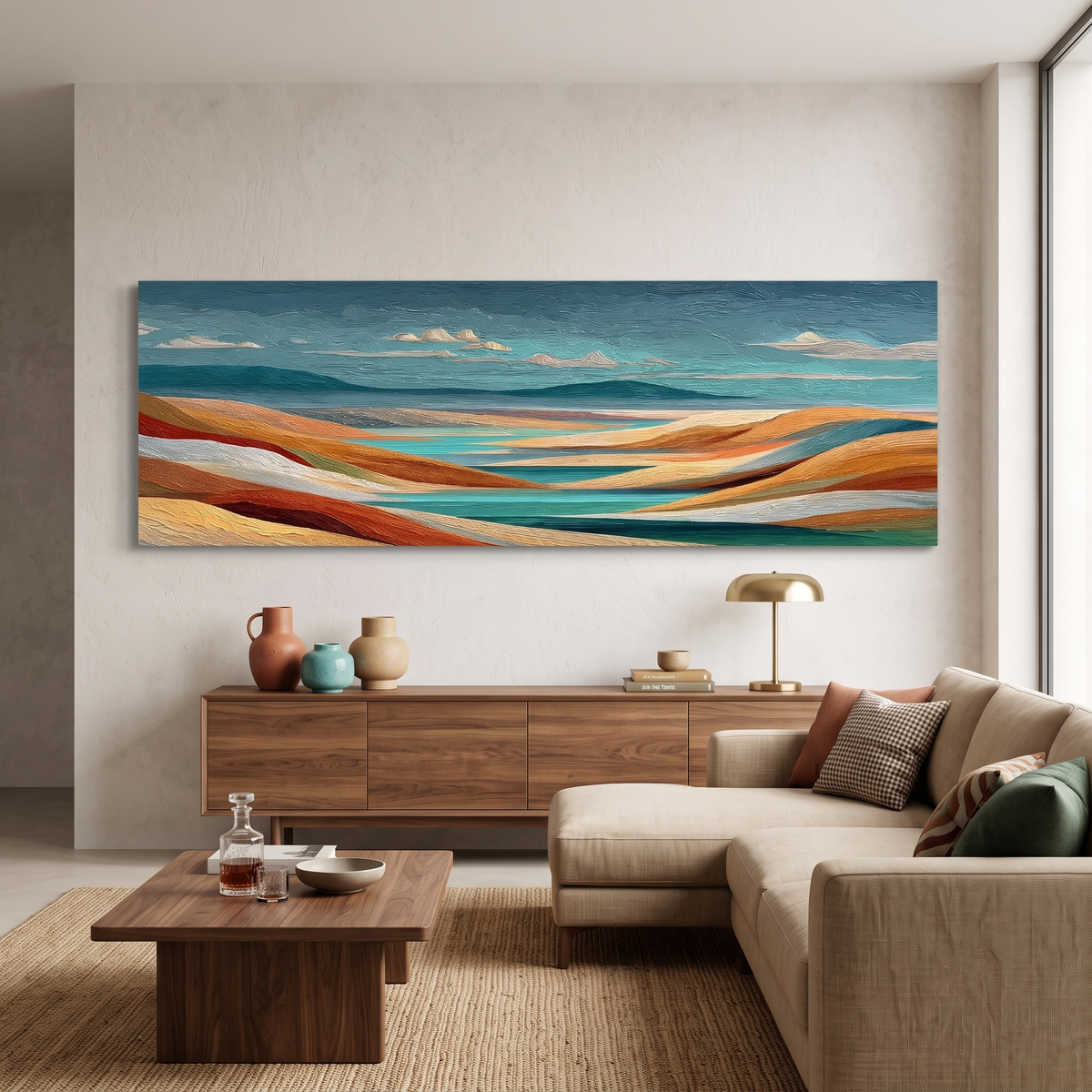 Colorful Abstract Rolling Hills Panoramic Canvas Print, Teal Orange Terracotta Landscape Wall Art, Horizontal Over The Sofa Art