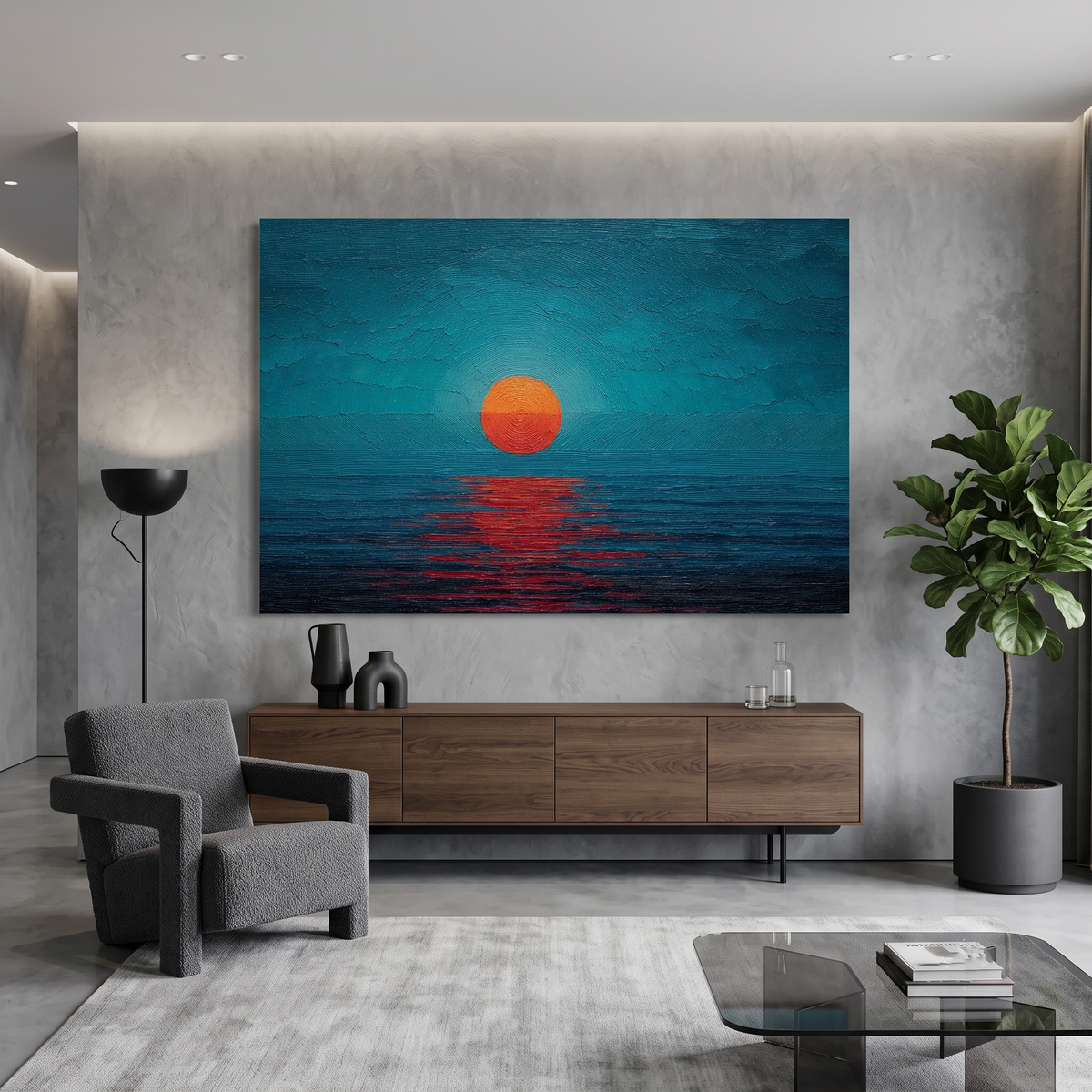 Minimalist Teal Orange Sun Seascape Canvas Print, Abstract Impasto Ocean Sunset Wall Art, Entryway Wall Decor