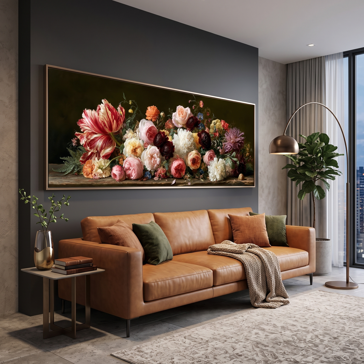 Dutch Golden Age Floral Still Life Panoramic Canvas Print, Vintage Botanical Flowers Wall Art, Dark Academia Living Room Decor