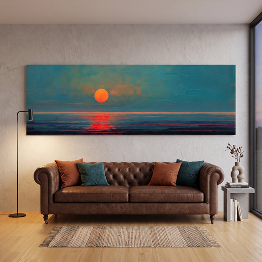 Modern Sunset Panoramic Canvas Print, Minimalist Coastal Wall Decor for Living Room