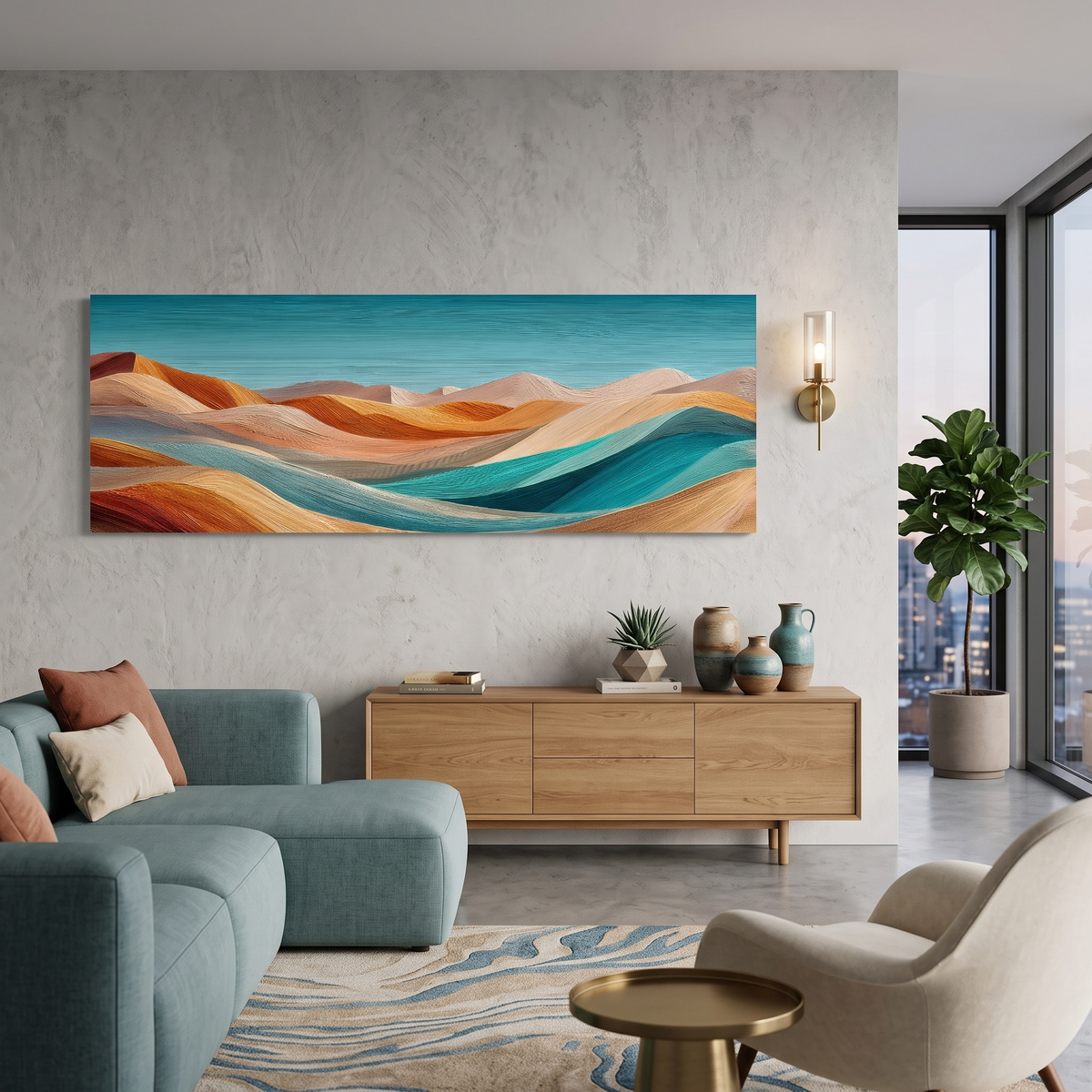 Abstract Desert Dunes Teal Orange Panoramic Canvas Print, Wavy Desert Landscape Wall Art, Boho Mid Century Living Room Decor