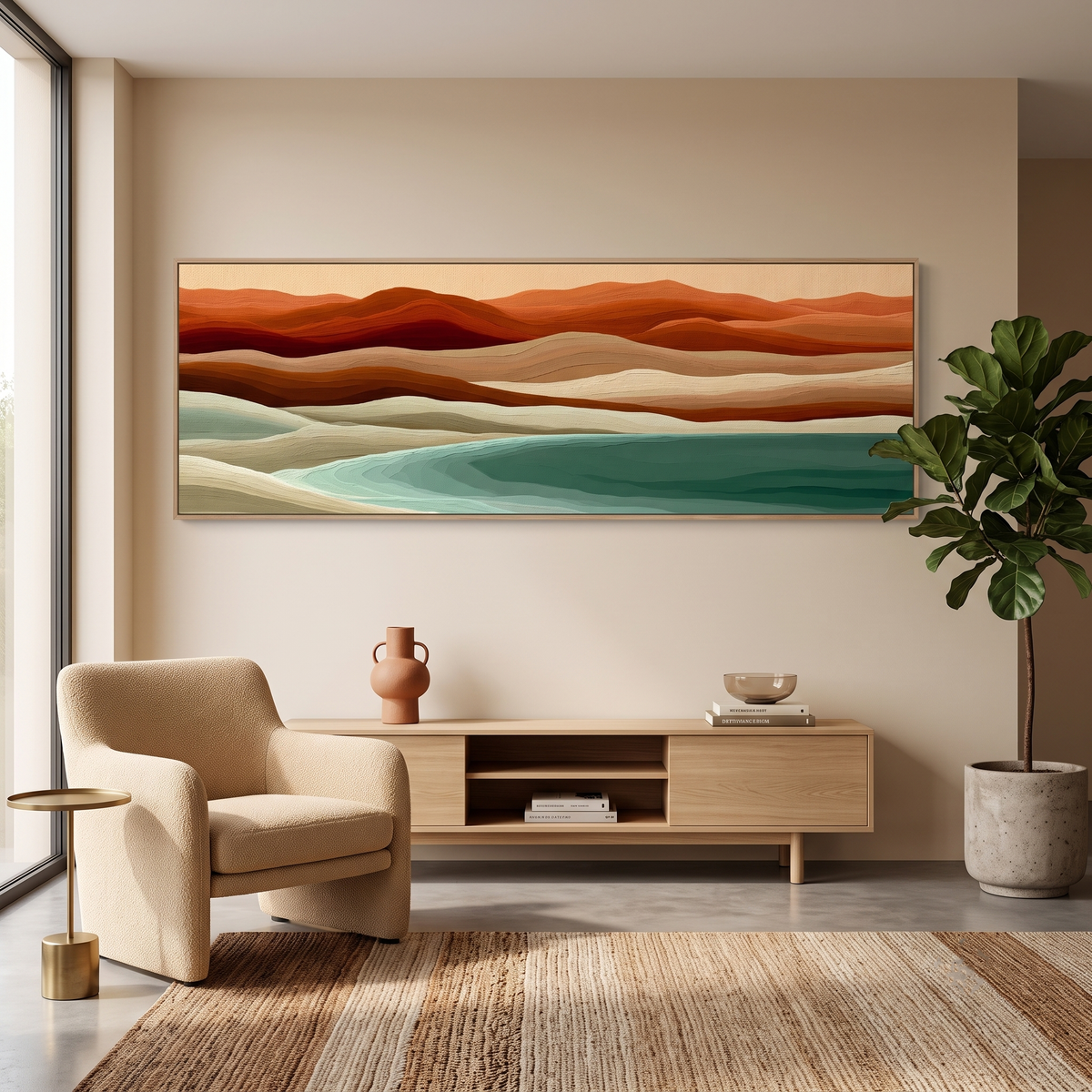 Terracotta Teal Abstract Landscape Panoramic Canvas Print, Earthy Wave Wall Art, Mid Century Minimalist Decor