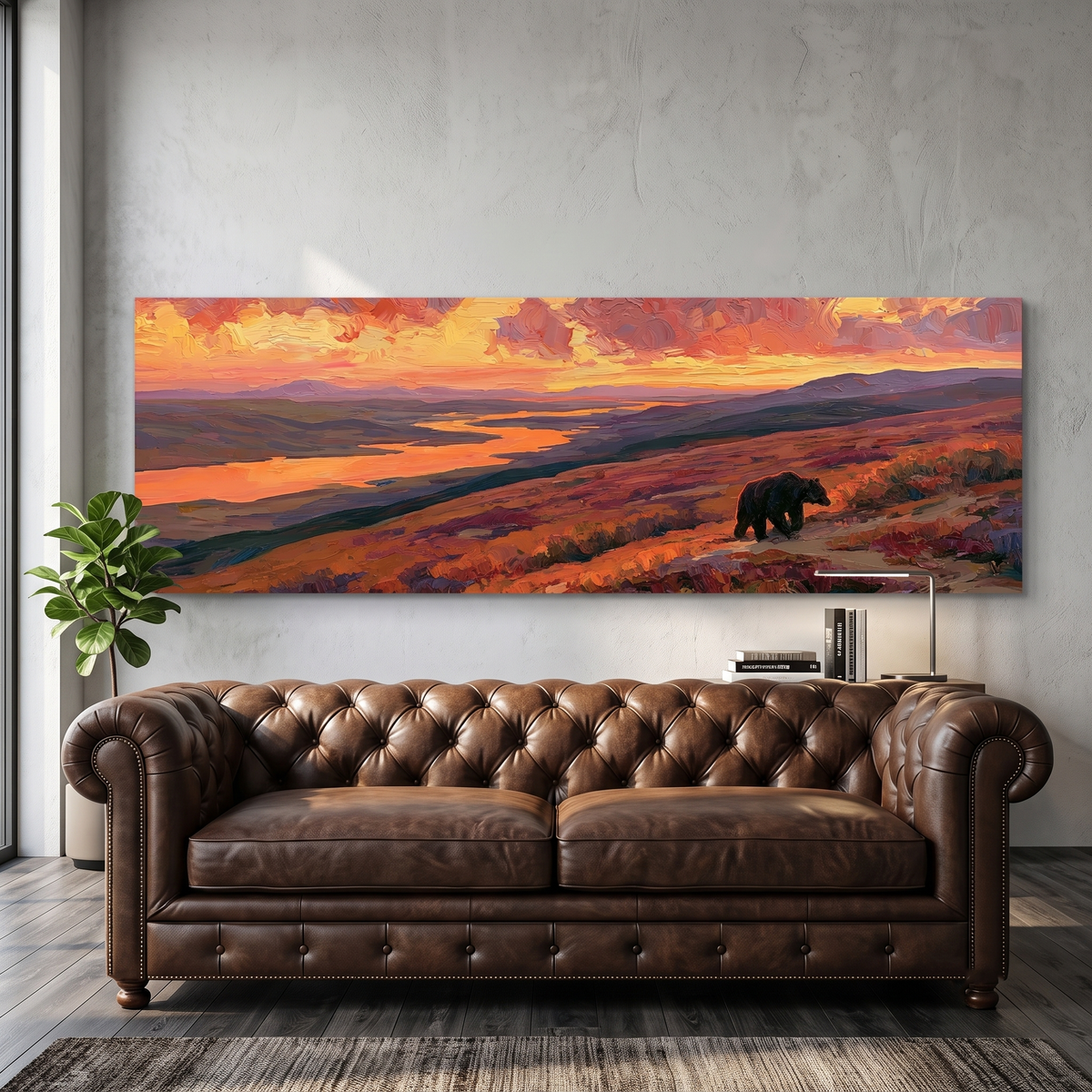 Grizzly Bear Autumn Landscape Panoramic Canvas Print, Orange Sunset Mountain Wall Art, Wildlife Rustic Home Decor