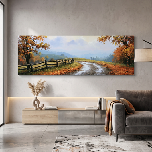 Orange Fall Foliage Country Road Panoramic Canvas Print, Rustic Fence Lane Wall Art, Cabin Wall Decor