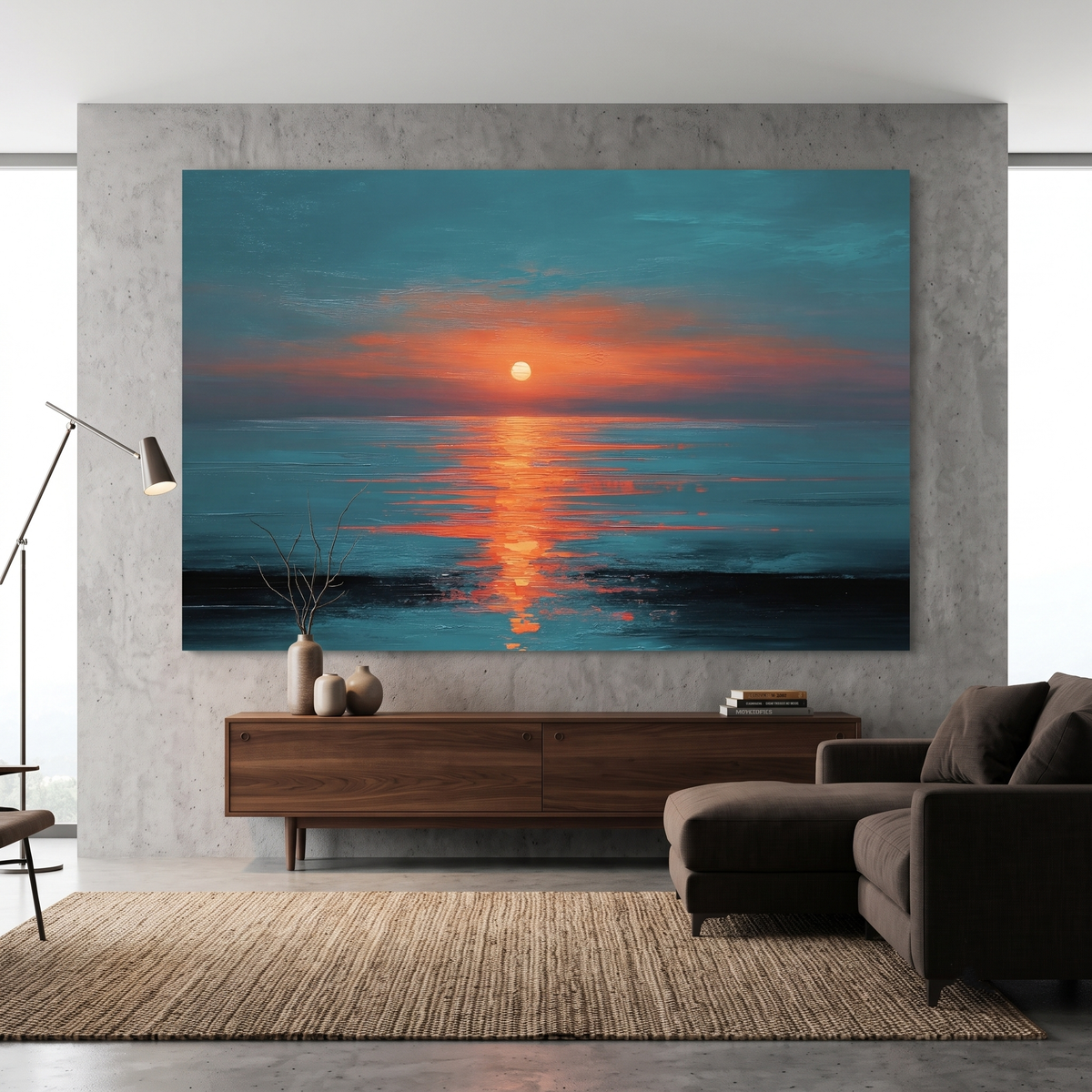 Dramatic Ocean Sunset Teal Orange Canvas Print, Glowing Sun Reflection Seascape Wall Art, Oil Painting Style, Extra Large Home Office Decor