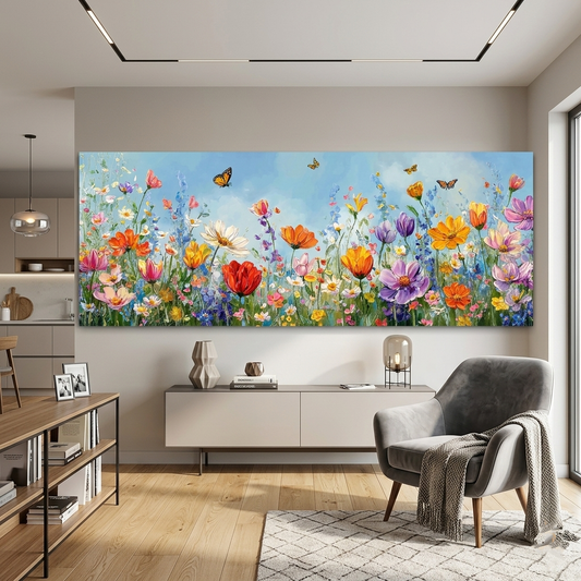Wildflower Meadow Panoramic Canvas Print, Colorful Botanical Butterfly Wall Art for Living Room Decor