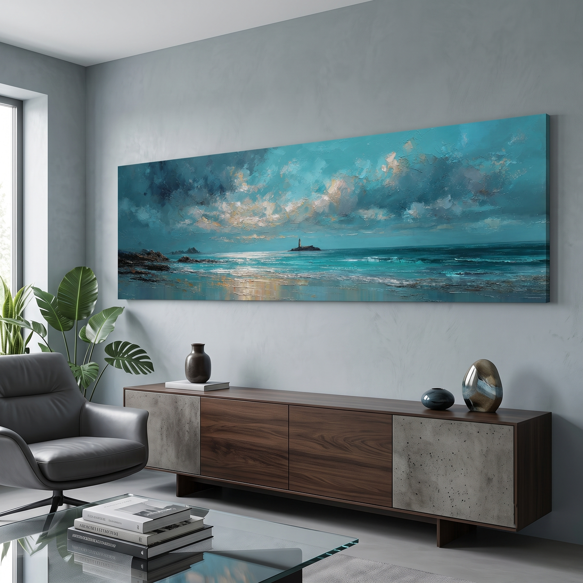 Dramatic Teal Seascape Lighthouse Panoramic Canvas Print, Stormy Ocean Sky Wall Art, Moody Ocean Horizon Art Decor