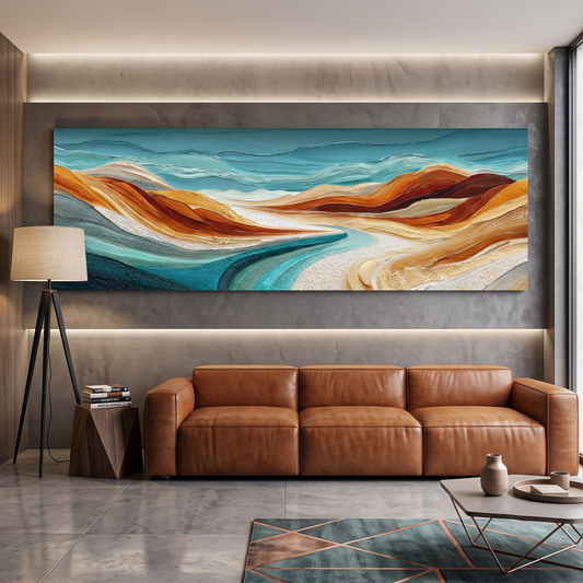 Sculptural Desert Wave Panoramic Canvas Print, Teal Orange Abstract Wall Art, Minimalist Nature Office Art Decor