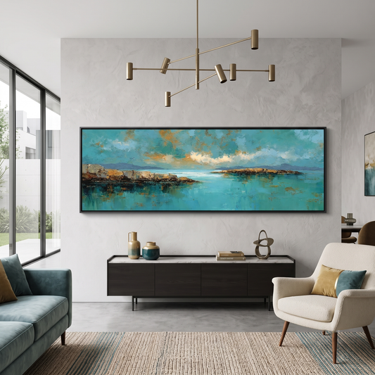 Abstract Coastal Teal Gold Panoramic Canvas Print, Impasto Ocean Sky Seascape Wall Art, Oversized Horizontal Decor