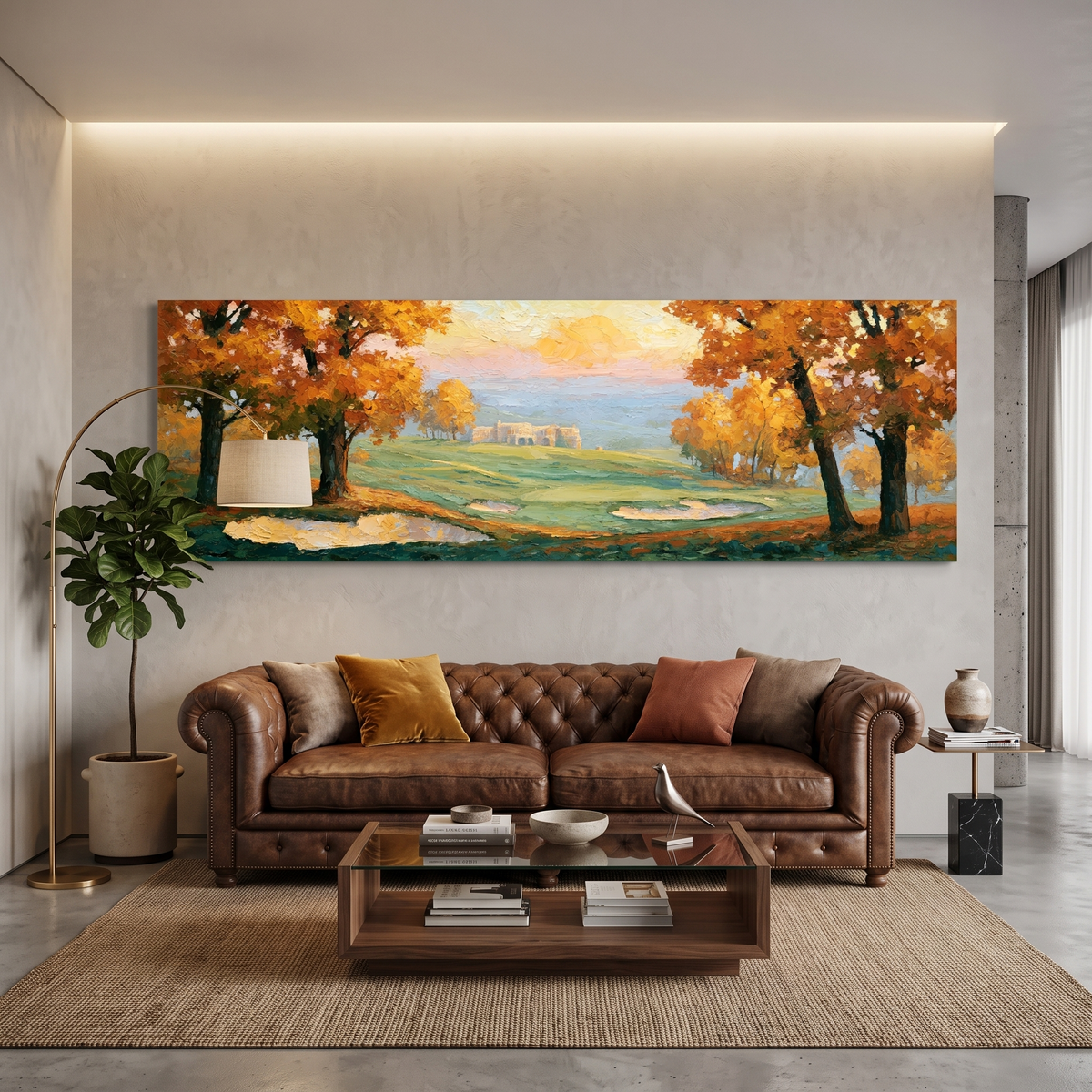 Autumn golf course canvas print with golden trees hanging above a brown leather sofa in a modern living room