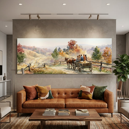 Autumn Watercolor Horse Drawn Wagon Panoramic Canvas Print, Rustic Country Road Lane Wall Art, Vintage Fall Scene, Countryside Decor