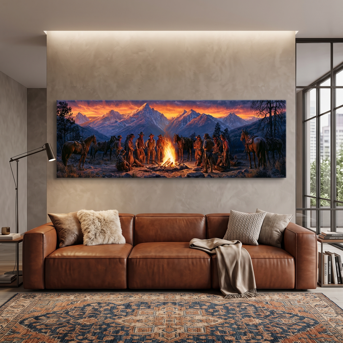 Cowboy Campfire Mountain Sunset Panoramic Canvas Print, Western Cowboys and Horses Wall Art, Extra Large Rustic Lodge Decor
