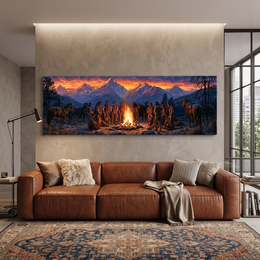 Cowboy Campfire Mountain Sunset Panoramic Canvas Print, Western Cowboys and Horses Wall Art, Extra Large Rustic Lodge Decor