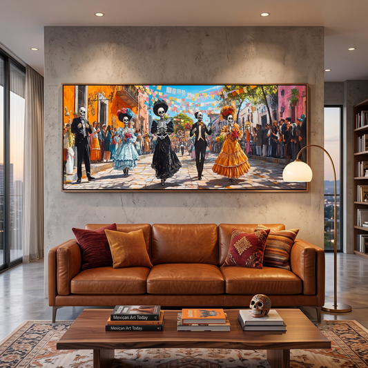 Dia de los Muertos Panoramic Canvas Print, Colorful Catrina Skeleton Street Parade Decor