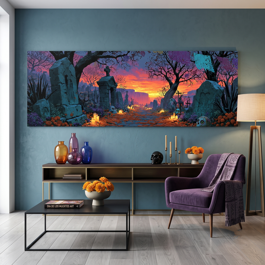 Day of the Dead Cemetery Sunset Panoramic Canvas Print, Dia de los Muertos Gothic Graveyard Wall Art
